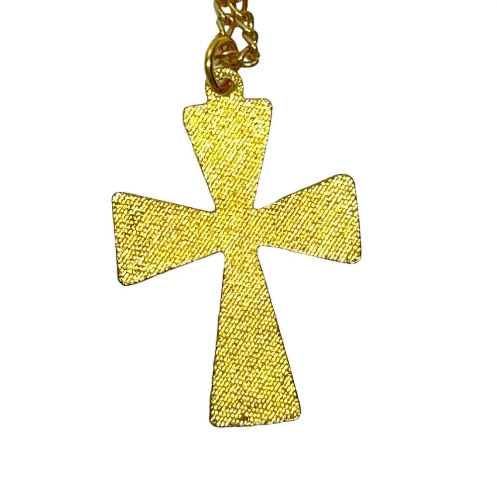 Cross Pendant on Gold Tone Chain Blue and Orange